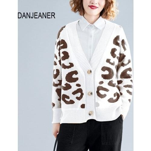 DANJEAN Lazy Style Leopard Print Sweater Women Korean Loose Long Sleeve V-neck Knitted Cardigans Casual Single Breasted Knitwear