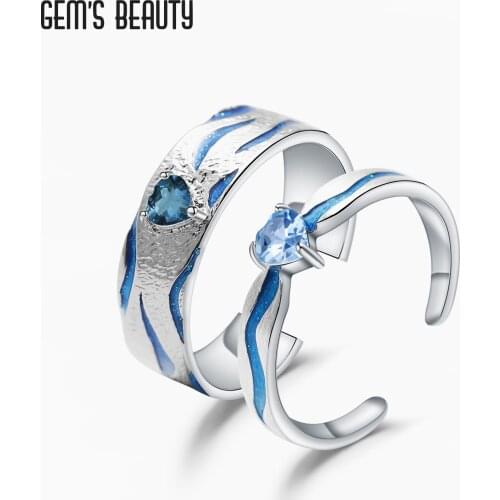 GEMS BEAUTY 925 Sterling Silver Blue Topaz Ring Set For Women Sea Of Love Enamel Adjustable Open Handmade Couple Rings