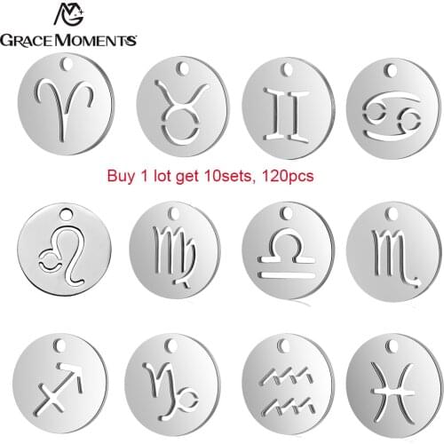 120pcs/lot 11.8mm Round Twelve Constellations Pendants Total 10sets, 10pcs Per Sign DIY Zodiac Charm Stainless Steel Jewelry