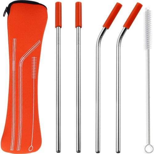 5 pcs/set Portable stainless steel silicone straw Tip Cover + Drinking Straws +Travel Storage Bag Brush Beverage Drink Bar Tools