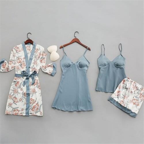 9Style Sexy Lingerie Pyjamas Robe Printing Floral Women Long Sleeve Clothing Nightgowns Pijama with Chest Pads Sets