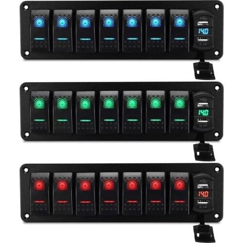Car Waterproof Marine Boat Rocker Switch Panel 8 Gang 12V/24V Circuit Breaker Dual USB Slots Light Button