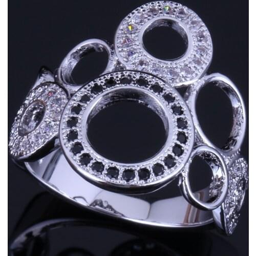 Wonderful Round Black Cubic Zirconia White CZ Silver Plated Ring V0485