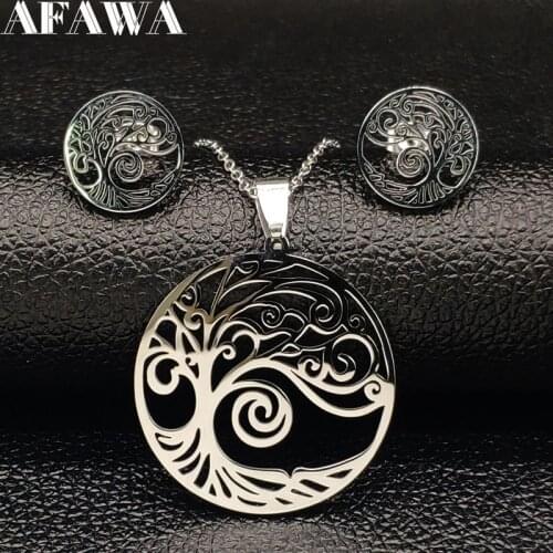 2021 Tree of Life Stainless Steel Necklace Earrings Sets Women Silver Color Jewelry Set Costume Jewelry aretes de mujer S17873