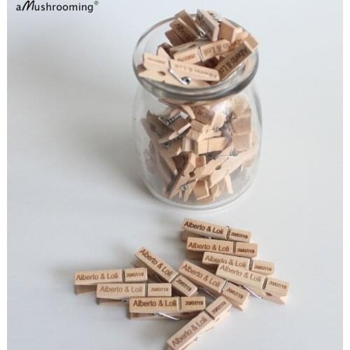 X100 Personalized Mini Clothespins Wedding Name Decorated Wooden Craft Pegs with Name Date Photo Wall Natural Clips wedding gift