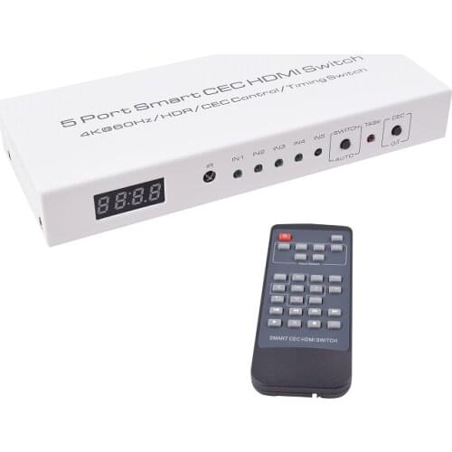 HDMI Switcher 5 In 1 Out 4K@60Hz UHD HDR CEC Time Set 5 Port 4K Remote IR Control 18Gbps 1080P 3D Smart HDCP2.2 Video Selector