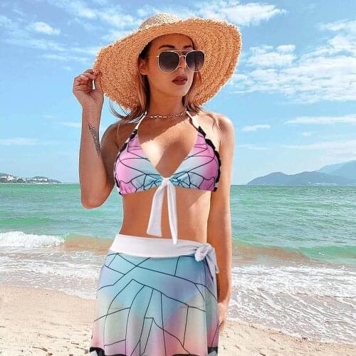 Anime Demon Slayer Kochou Shinobu Swimsuit Cosplay Costume Three Piece Bikini Beach Swim Suit Set Women Swimwear Bathing Suit
