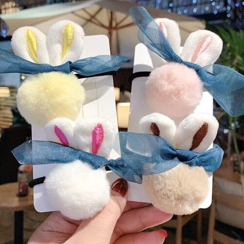 Cute Little girls Hair Ties Gum Bright Color Pom Pom Elastic Hair Band Hair Ropes Rubber Bands Plush rabbit Hair Accessories