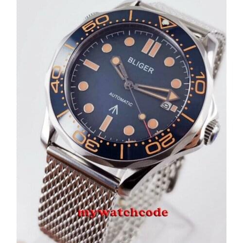 New arrive 41mm bliger blue dial sapphire glass Mesh belt automatic mens watch