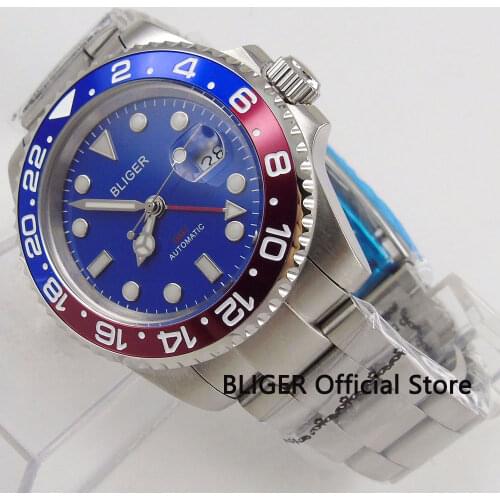 Sapphire Crystal BLIGER 40MM Blue Dial Mens Watch GMT Function Red Blue Bezel Luminous Automatic Movement Wrist Watch