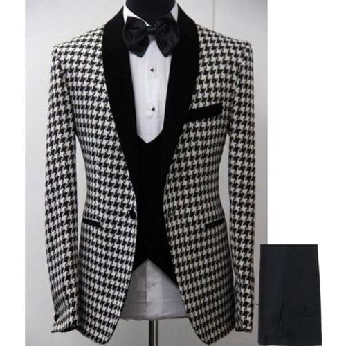 GQER Groomsmen Houndstooth and Black Groom Tuxedos Shawl Lapel Men Suits Wedding Best Man ( Jacket+Pants+Tie+Vest ) C669