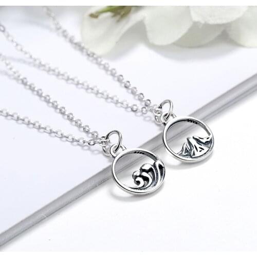 2PCS Couple Stainless Steel Necklaces Vintage Ocean Mountain Pendants Necklace Eachother Couple Jewelry for Men Women Gifts