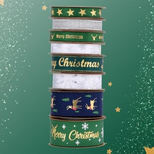 Q1FA 10/15/25mm Width Christmas Ribbon 8 Patterns Ribbon Printed Grosgrain Ribbons for Gift Wrapping Wedding Decoration Hair