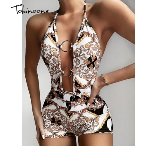 Tobinoone Sleeveless V Neck Bodysuit Summer Floral Printed Bodycon Bodysuits Overalls Women Hollow Out Backless Sexy Jumpsuit