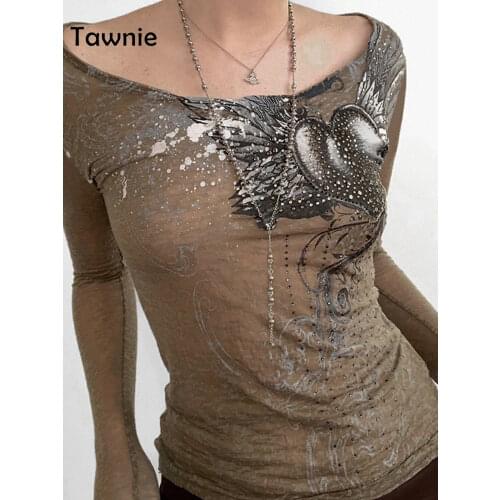 Gitana Rhinestone Long Sleeve Women T Shirts Retro Grunge Fairycore Pullover Tops Fashion Print Autumn Aesthetic Tee Shirt 2021