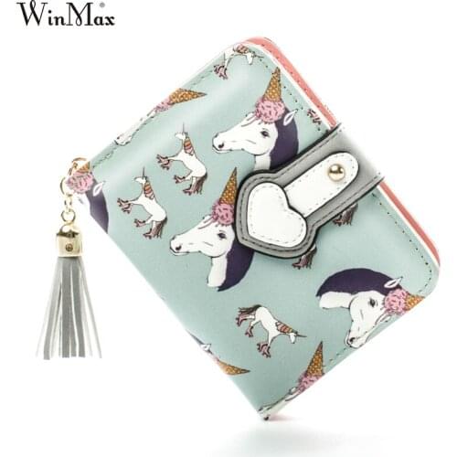 Women Short Type HASP Hand Wallets Cartoon Unicorn Printing Soft PU Leather Colorful Purse Wallet Ladies Clutch Coin Card Purse
