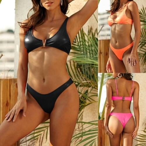 Women Sexy Leather Bikinis Sets Metal Button V-Neck Push-up Bra Swimsuit Thong Ladies Solid Swimwear Female Bathing Suit