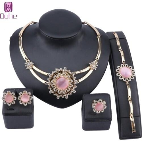 Women African Jewelry Sets Gold Color Gem Crystal Fashion Bridal Wedding Elegant Romantic Wedding Necklace Jewelry Set