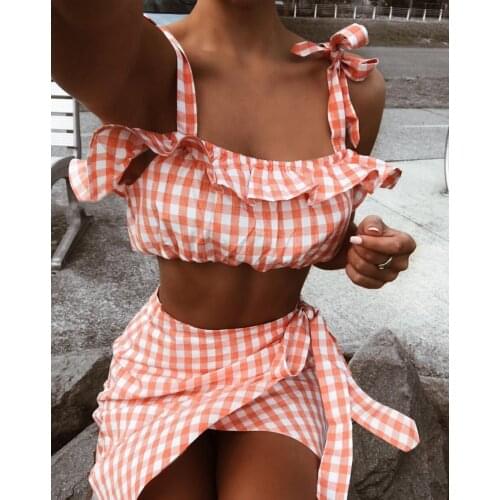 LaStylisher Women Checkerboard Crop Top Fashion Boho Summer Beach Two Piece Set Party Top Short Mini Skirts Casual 2 Piece Set