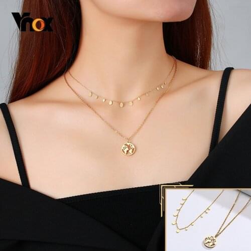 Vnox Chic Double Layers Chain Necklaces for Women, Gold Color Stainless Steel Metal Map Charm Choker Jewelry,Gifts for Her