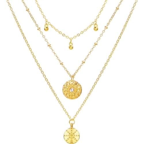 Engraved Round Coin Pendant Necklace Women Gold Color Crystal Multilayer Initial Clavicle Chain Necklace Collar Jewelry Gift