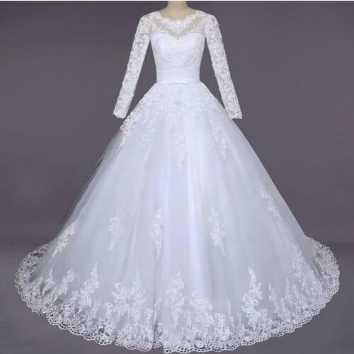 Bridal WEDDING dress womens lace embroidery o neck long sleeve wedding dresses PLUS SIZE Muslim lace up wedding DRESS ceremony