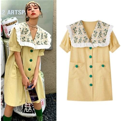 Korea Style Woman Dress Vintage Floral Ruffles Collar Summer Dress Women Sweety Casual Dress robes Vestidos Dresses SY216