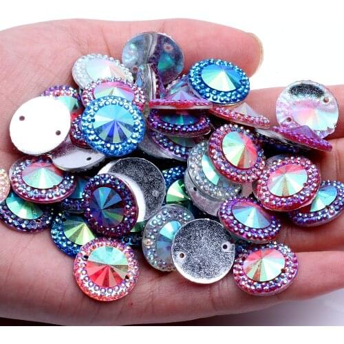 16mm 40pcs Sew On Round Cabochons Surface Resin Rhinestones AB Colors 2 Holes Flatback Crafts Jewelry Making Garment Decorations