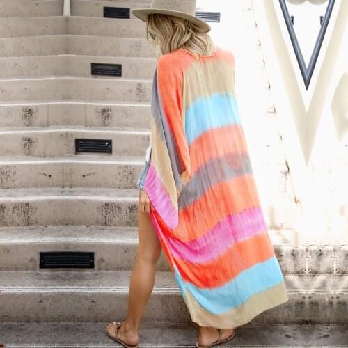 2021 Boho Multicolor Striped Robes Bathing Suit Cover-ups Plus Size Beach Wear Kimono Dress Women Summer Swimsuit Cover Up A828
