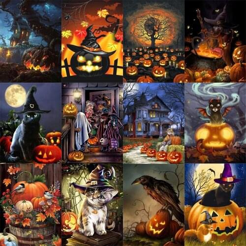 Diamonds embroidery painting Halloween atmosphere Pumpkin lantern 5d Diy Full of round diamond home Decoration Halloween gifts