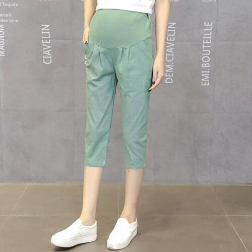 Maternity Pants 3/4 Length Thin Cotton Linen Capris for Pregnant Women Elastic Waist Pregnancy Short Pants