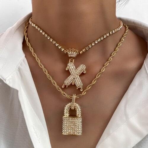 Flatfoosie Full Rhinestone Lock Pendant Necklaces for Women Men Hip Hop Gold Silver Color Twisted Chain Necklace Punk Jewelry