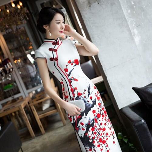 Priting Red Flower Cheongsam White Long Qipao Women Chinese Traditional Dress Oriental Style Dresses China Clothing Store