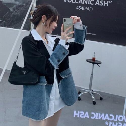 Designed Vintage Patchwork Jeans Women Suit Jacket Loose Streetwear Buttons Blazer Fashion Female Tops Black Coat Summer 2021