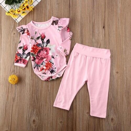 Infant Baby Girl Kid Flower Long Sleeves Top Ruffle Romper+ Pants Outfit Clothes Set Toddler Cotton Suit 0-24M