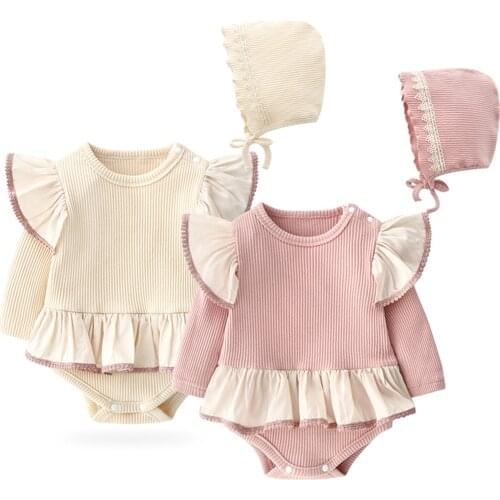 Baby Girls Long-Sleeved Romper Spring Fashion Solid Color Ruffles Jumpsuits And Beanies Soft / Comfortable Beige Pink Daily Wear