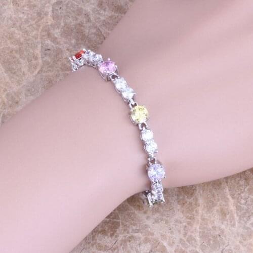 Multicolor Yellow Cubic Zirconia Silver Plated Link Chain Bracelet 7 inch S0253