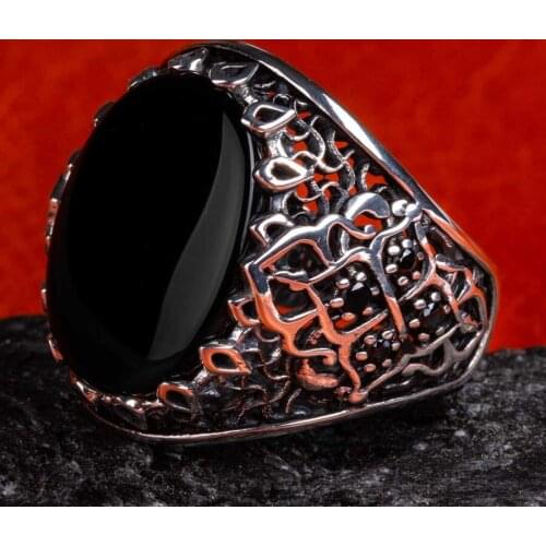 Men Silver Vintage Oval Black Onyx Gemstone Ring Handcarved Men Jewlery Modern Luxury Silver Ring Men For Gifts
