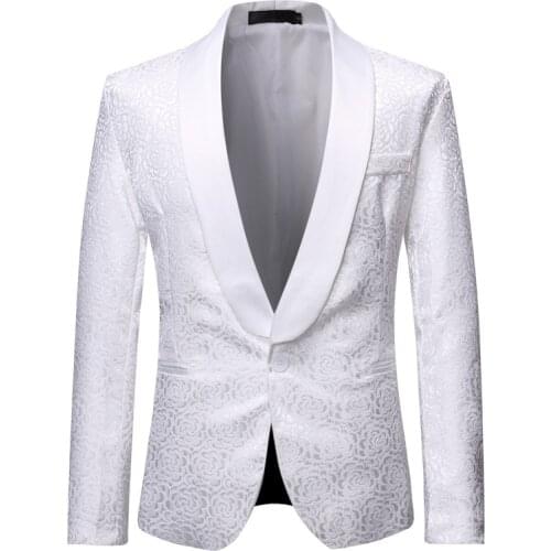 White Wedding Tuxedo Blazer Men 2020 Fashion Rose Floral Jacquard Suit Jacket Men Shawl Lapel One Button Dress Blazers Jackets