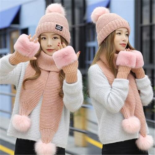 New Women Winter Hat /Scarf /Gloves Sets Female Three - piece Knitted Hats Scarf Set Caps for Girl Warm Skullies Beanies hat