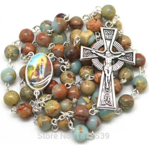 Our Lady of Lourdes Natural Stone Snake Bead Rosary Necklace