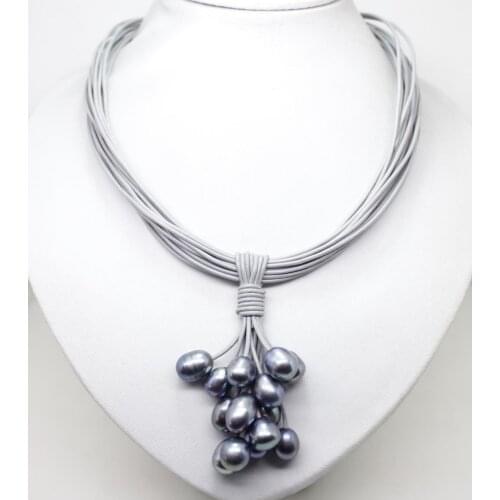 10-12mm Real Black Freshwater Pearl Pendant Necklace Leather Cord Magnet Clasp Fashion Jewelry