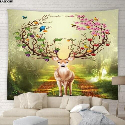 Elk Psychedelic Tapestry Forest Green Plants Flowers Animals Hippie Wall Hanging Hotel Living Room Bedroom Curtain Home Decor