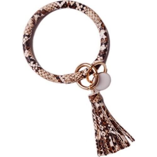 Chic monogram PU Leather O-ring Key Chain Colorful Snakeskin Circle Tassel Wristlet Houndstooth Keychains