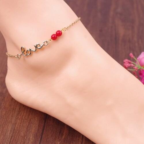 Love type Red bead Silver color Gold color Metal Plated Chain for Women foot Fashion Anklet