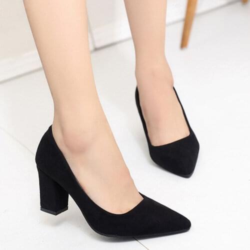 Square Heel Women Pointed Toe Pumps Fashion Gray High Heels Flock Leather Black Party Shoes Plus Big size zapatillas mujer