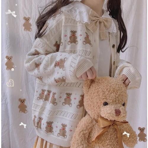 Vintage Countryside Feel Cute Bears Womens Knitted Sweater Cardigan Long Sleeve Fall,Winter Sweaters Preppy Style Girls Beige