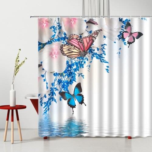 Flower Butterfly Shower Curtain Water Color Waterproof Polyester Fabric Bathtub Decor Household Products With Hook Cloth Curtain