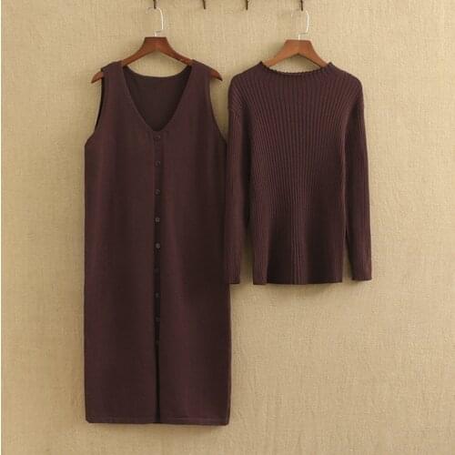 Plus Size Women Clothing Two-Piece Set Long Sleeves Knit Coat And Sleeveless Knit Sundress Large Size Trendy Combination