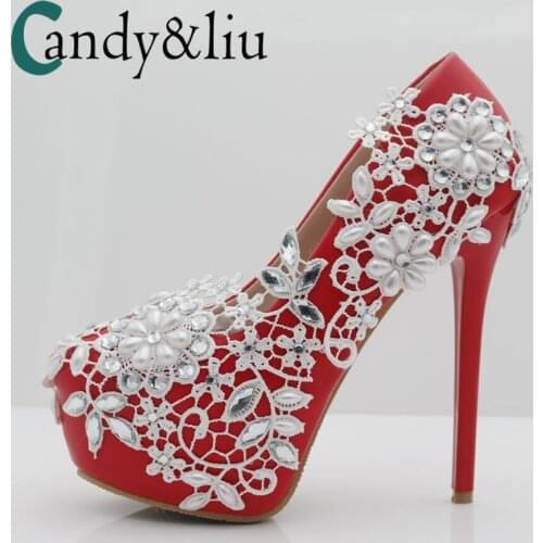 Crystal Flower Wedding Shoes White Lace Super High Heel Large Size Women Pumps with Platform for Party Banquet Evening Dress